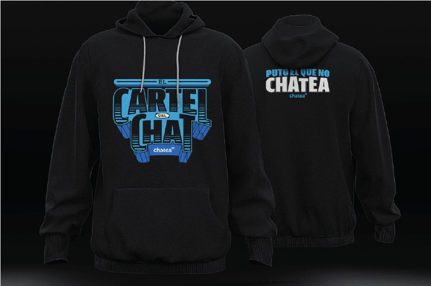 Hoodie negro: al frente el logo del cartel, a la espalda el lema